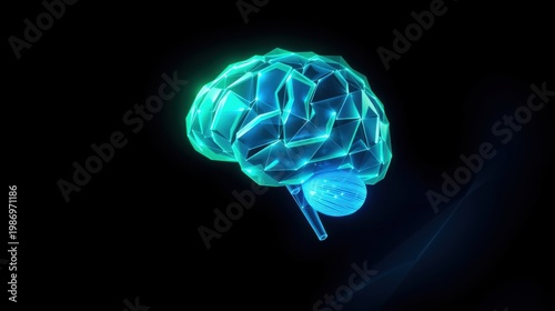 Bright blue brain illustration. Polygonal design suggests complex thought processes, glowing effect enhances futuristic feel. Dark background emphasizes subject.