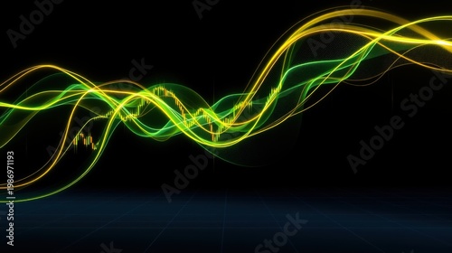 Abstract waves, vibrant colors, dynamic lines. Green, yellow glow over dark background, grid pattern below. Energy flows.