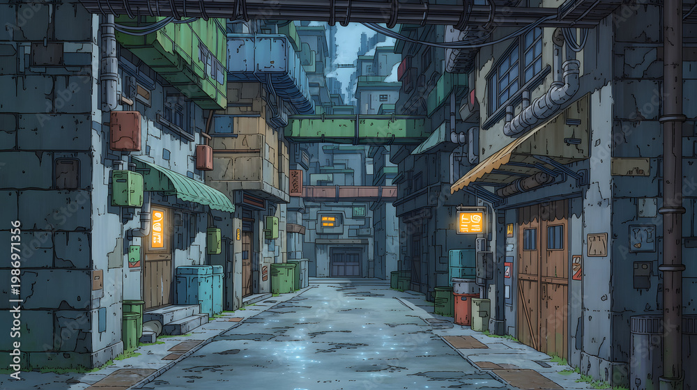 Fototapeta premium Exploring an Urban Landscape: A Detailed Look into a Gritty, Retrofuturistic Alleyway Filled with Unique Architectural Features and Atmospheric Elements