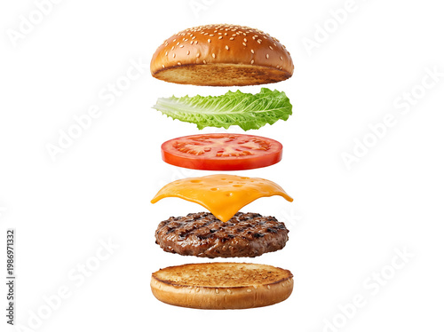 burger ingredients floating in mid air bun lettuce tomato cheese and patty arranged in layers isolated on pure white background clean composition