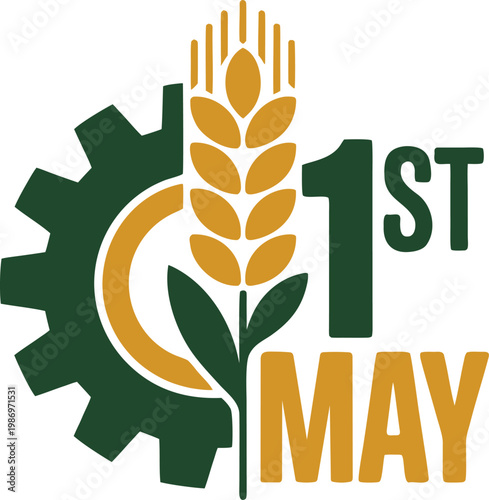1st May international labour day flat vector illustration with industrial gear and wheat ear symbol for agriculture and industry worker appreciation cad drawing