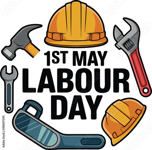 1st May Labour Day celebration with cad drawing flat vector illustration of construction tools including hard hat hammer wrench and safety equipment isolated