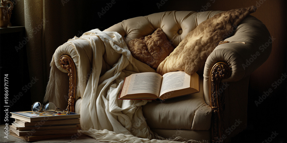 Obraz premium Cozy reading corner. Enchanting literary nook with plush cushions and gentle illumination