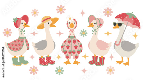 Cute cottagecore ducks wearing strawberry outfits and hats garden bird character.