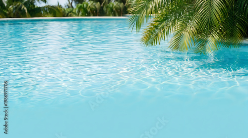 Tranquil turquoise swimming pool bordered by lush tropical palm foliage