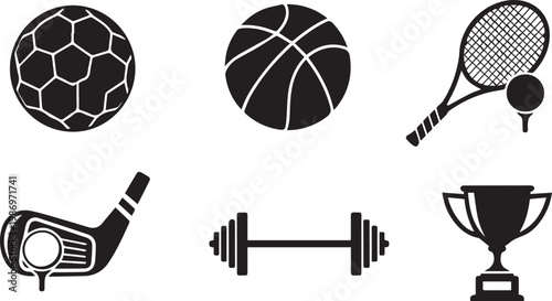 Sports Equipment and Fitness Competition Silhouette Icon Set