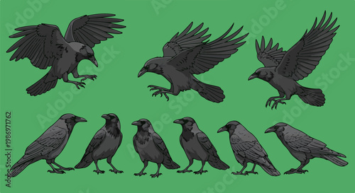 Pixel art depicts multiple black birds in flight and standing on a green background