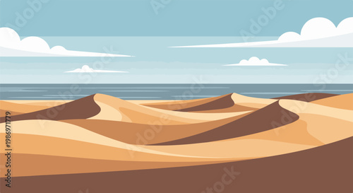 Pixel art desert dunes meet the ocean under a cloudy sky