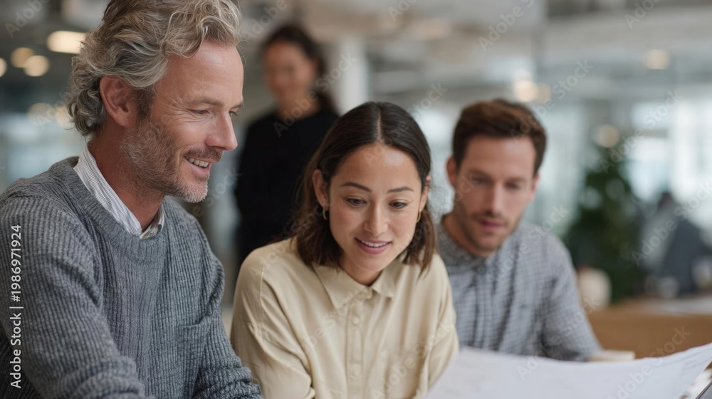 Fototapeta premium Group of three people, two men and a woman, sitting around a table in an office or a meeting room. they are all looking at a blueprint or document spread out in front of them.
