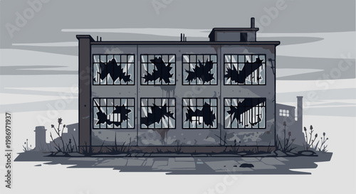 Pixel art illustration of a derelict factory with shattered windows