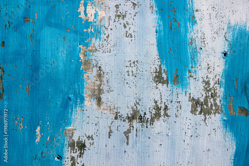 Tableau sur toile Weathered wall texture with peeling blue paint, grunge background with copy spac