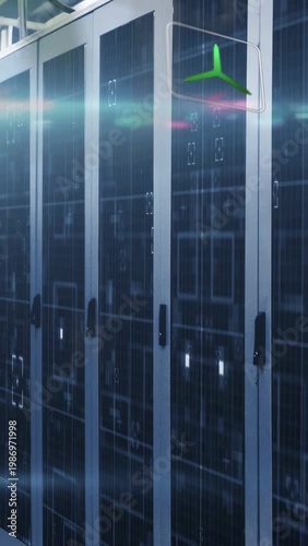 Server racks filling data center with lights system-triggered green prop popping indicating status