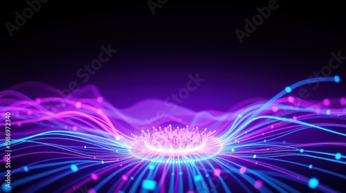 Abstract digital waves, vibrant pinks, blues radiate from central point. Futuristic, energetic visual composition.