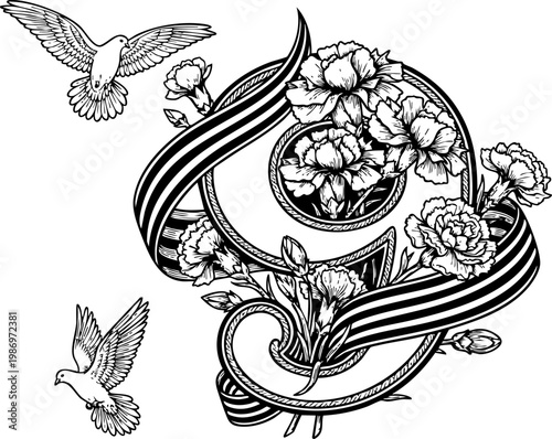 Black and white memorial ribbon with flowers and doves, ornamental vector illustration