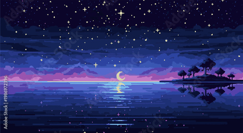 Pixel art night sky with stars, moon, island, and reflections on water
