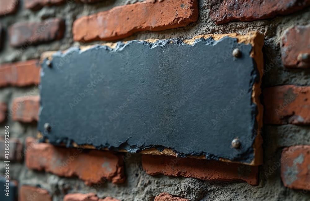 Obraz premium Dark rectangular slate sign attached to rough aged brick wall. Sign provides blank copy space for text or graphics. Textured background for creative design.