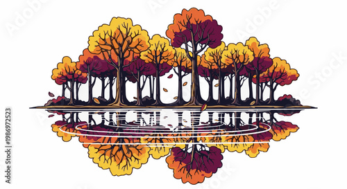 Pixel art of a forest with autumn leaves reflected in water