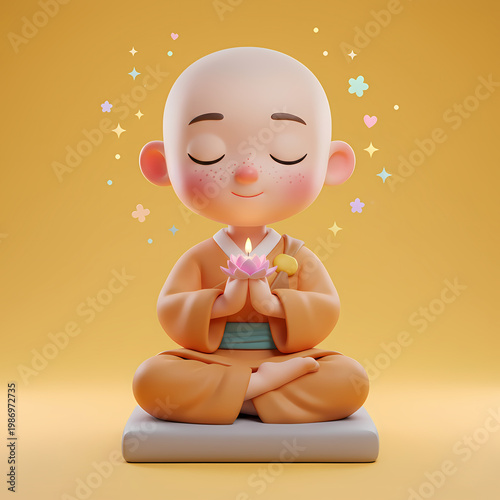 Meditating Monk Holding Lotus Flower in Peaceful Serenity
