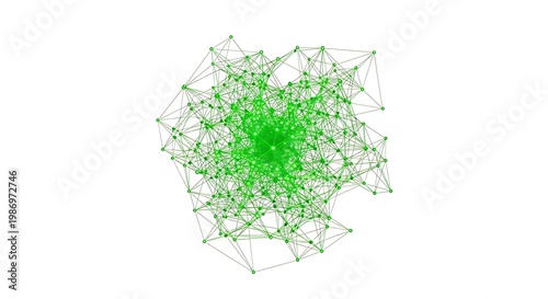 Complex network graph with dense central cluster and peripheral nodes isolated on white background
