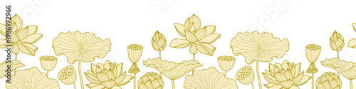 Vintage line art lotus flowers seamless banner. Luxury gold lotus flowers, leaves, buds and pods on white background. Hand drawn asian design for wedding, yoga, spa design template.