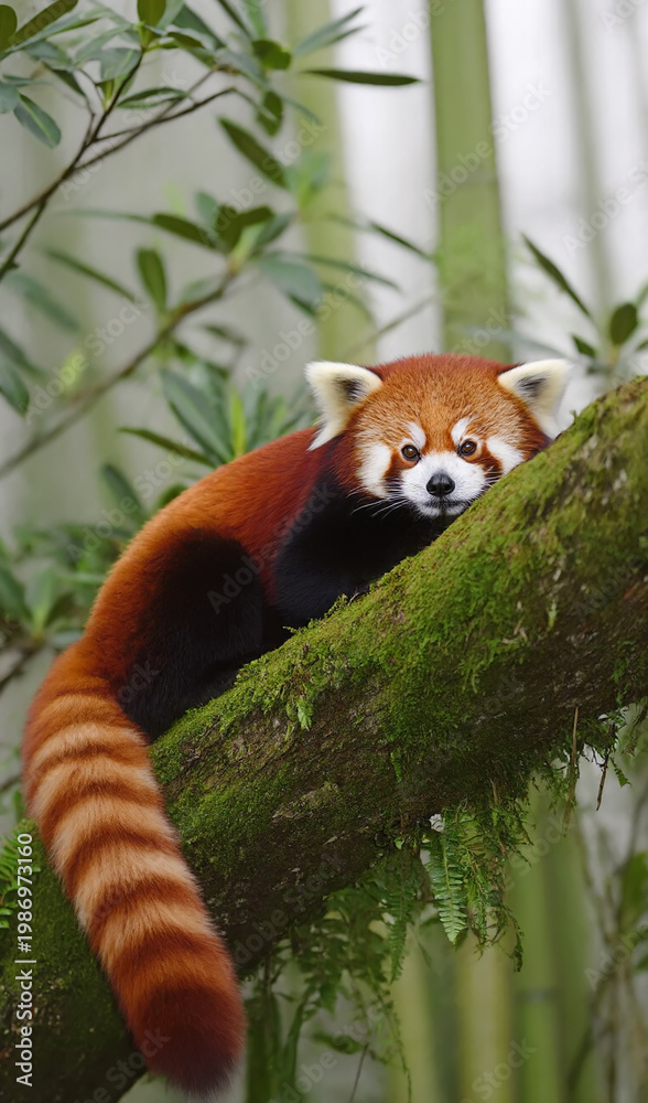 Obraz premium Charming red panda rests on a thick, mossy tree branch. Its vibrant reddish fur and bushy ringed tail contrast with the soft green background. Peaceful forest moment with a cute animal