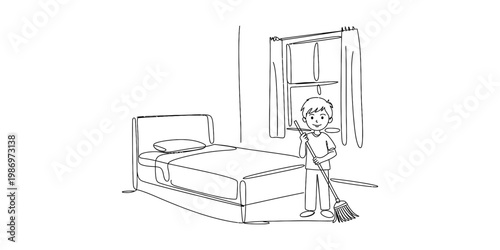 A young boy is diligently sweeping the floor of his bedroom with a broom next to his bed.