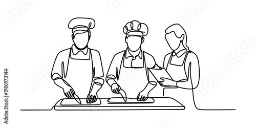 Continuous line drawing of a team of professional chefs preparing food in a restaurant kitchen