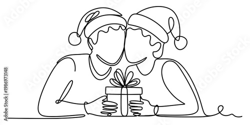 Continuous line drawing of a happy couple in santa hats holding a christmas gift box