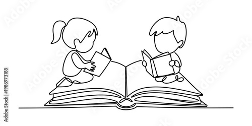 Continuous line drawing of a boy and a girl sitting on a large open book and reading together.