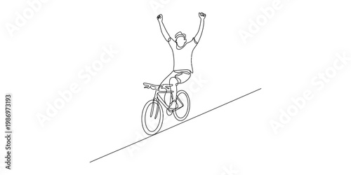 Continuous line drawing of a person riding a bicycle with arms raised in celebration of victory