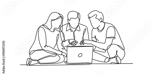 Continuous line art of a group of young people working together on a laptop during a meeting
