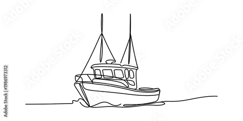 Minimalist one line art illustration of a fishing vessel navigating through the sea.