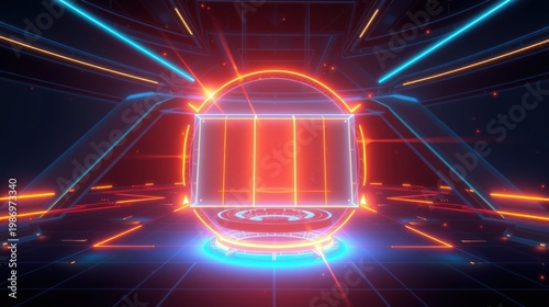 Futuristic stage design. Neon lights create vibrant geometric patterns. Dark background emphasizes glowing structures, perfect presentation space.