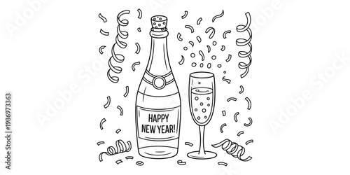 Happy new year celebration coloring page featuring a champagne bottle and glass with confetti