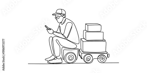 Line drawing of a delivery man sitting on an automated robot with boxes and checking his smartphone