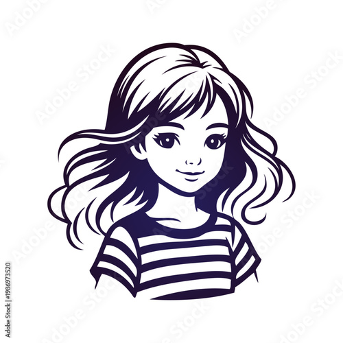 Logotipo de boutique de moda infantil. Dibujo minimalista con líneas de una niña de frente con una camiseta de manga corta con rayas 