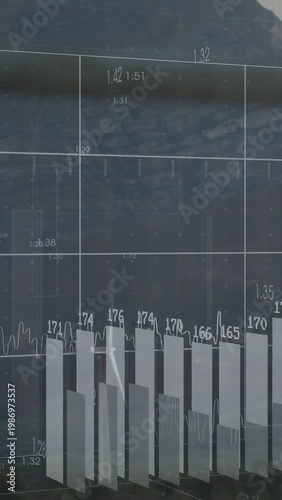 Vertical video: Faint grid appearing, turbine turning while 3D bars populating to show wind power