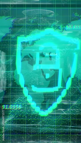 Vertical video: Security HUD receiving data pulse and forming glowing stepped shield over globe