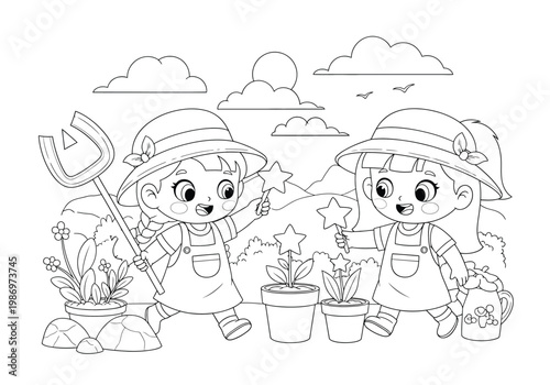 Two cute little girls gardening in the backyard, wearing sun hats and overalls, holding starshaped plant markers, coloring page for kids