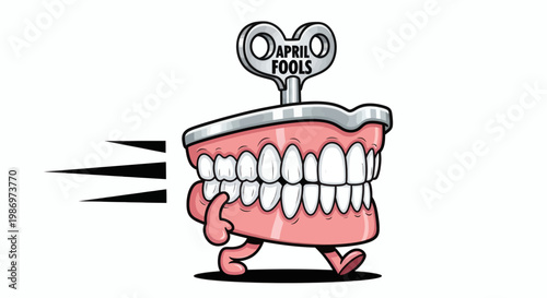 Humorous wind-up chattering teeth toy with an April Fools key, playfully running fast to celebrate a day of jokes and laughter