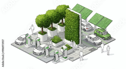 Innovative urban charging station powered by renewable energy and featuring green vertical gardens