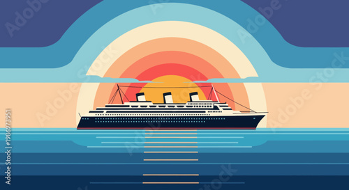 Majestic ocean liner cruising on tranquil waters under a vibrant sunset sky, a serene journey across the open sea at dusk