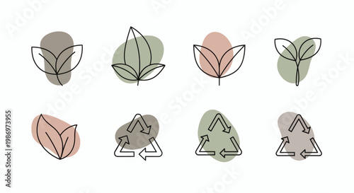 Minimalist Line Art Vector Icons Set for Eco-Friendly Design Concepts Featuring Organic Leaves and Sustainable Recycling Symbols for Environmental Awareness and Green Initiatives