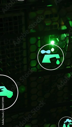 Showing hexagonal grid pulsing green LED at equipment rack, with cyan CO2 electric car faucet icons