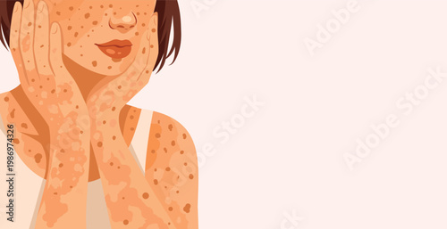 Natural beauty. Vector portrait woman with vitiligo, acne, skin imperfections, gently touching her face. Realistic skin texture. For self-acceptance, self-love, skincare, health, body positivity