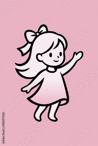 Logotipo de boutique de moda infantil. Dibujo minimalista con líneas de una niña sonriente peinada con un lazo y saludando con la mano 