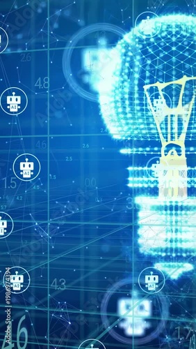Vertical video: Camera panning, bulb hologram glowing, AI badges moving on data grid for AI design