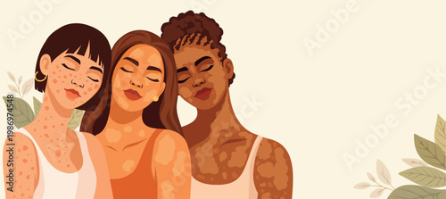Natural feminine beauty. Vector illustrations of diverse women with vitiligo, skin imperfections, accepting themselves as they are. For self-love, self-care, skincare, body positivity, mental health.