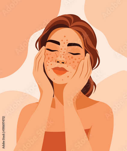 Natural feminine beauty. Vector illustration of a woman with freckles, massaging her face, eyes closed. Pastel background. Perfect for skincare campaigns, self-love, self-acceptance, body positivity