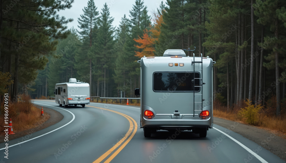 © miss irine - Two campers drive on paved road through forest with pine trees. Motorhomes travel on highway during autumn day. Vehicles advance on asphalt, heading towards destination.